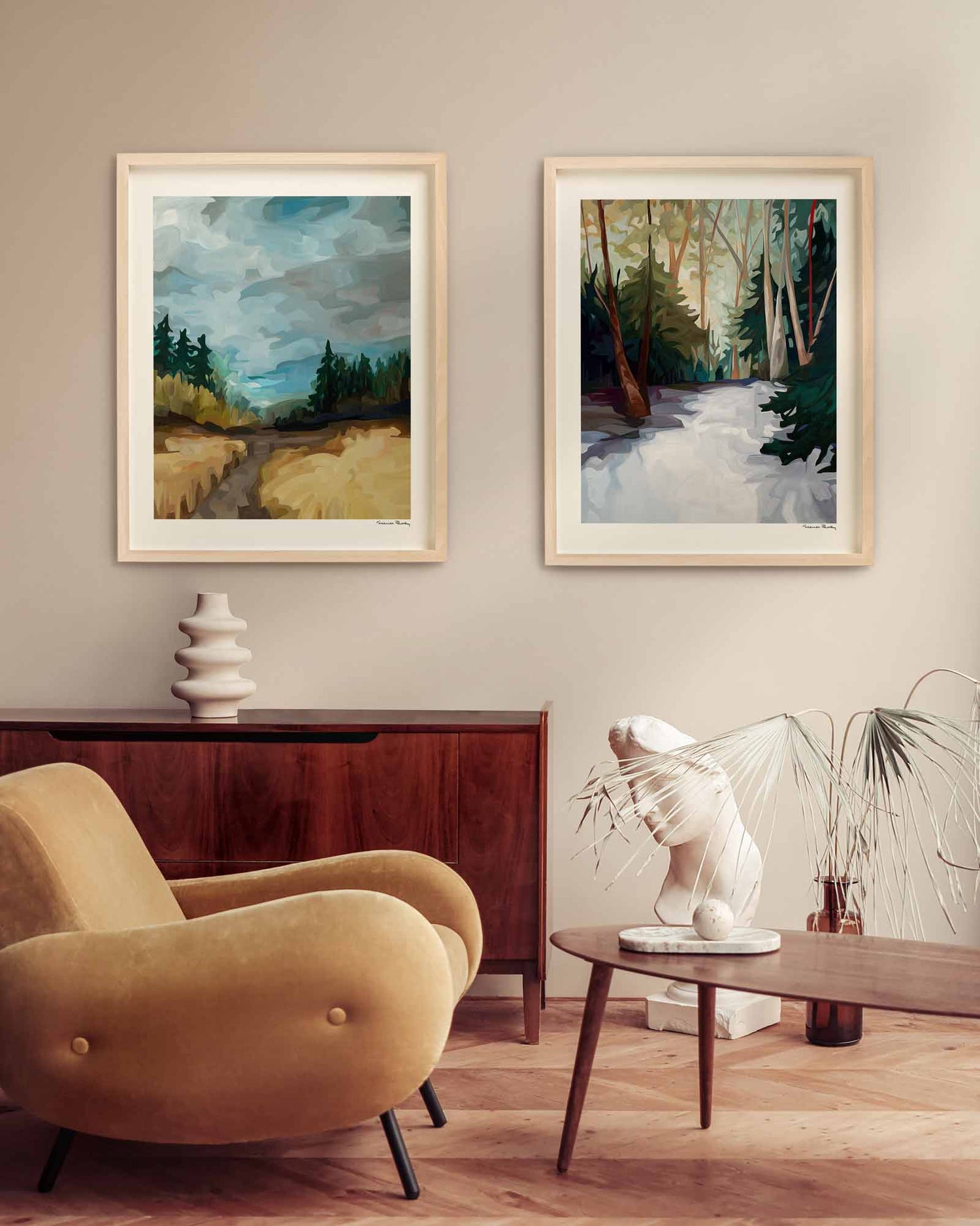 pair of abstract landscape vertical wall art prints