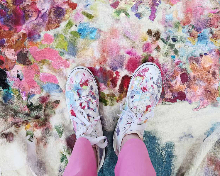 pink paint splattered sneakers