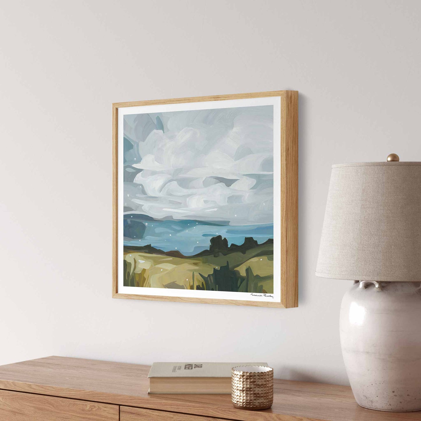 square art print of an abstract landscape with snowflakes by Canadian artist Susannah Bleasby
