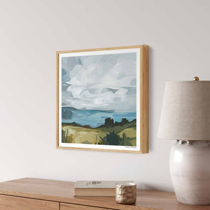 square art print of an abstract landscape with snowflakes by Canadian artist Susannah Bleasby