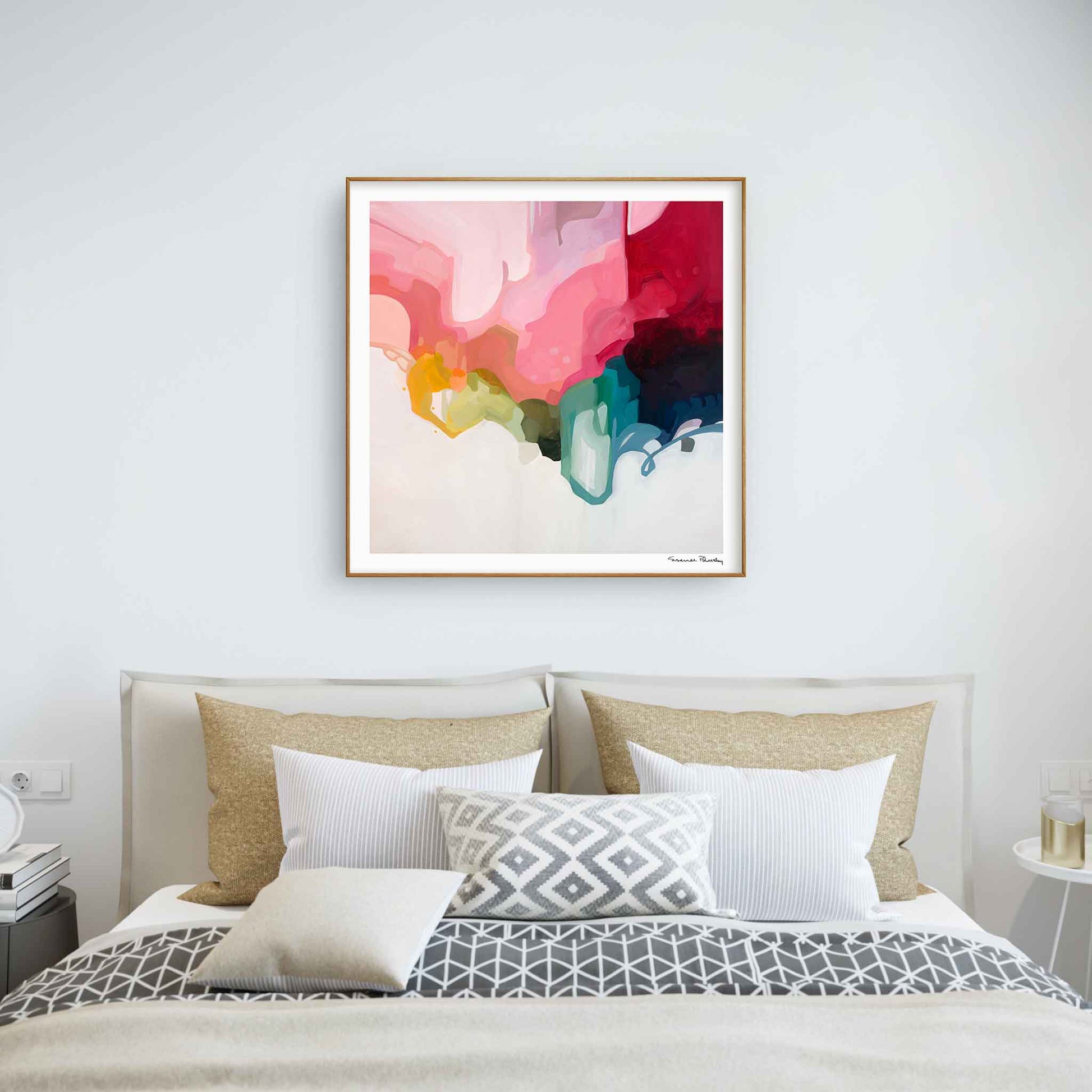 modern color abstract wall art print over bed