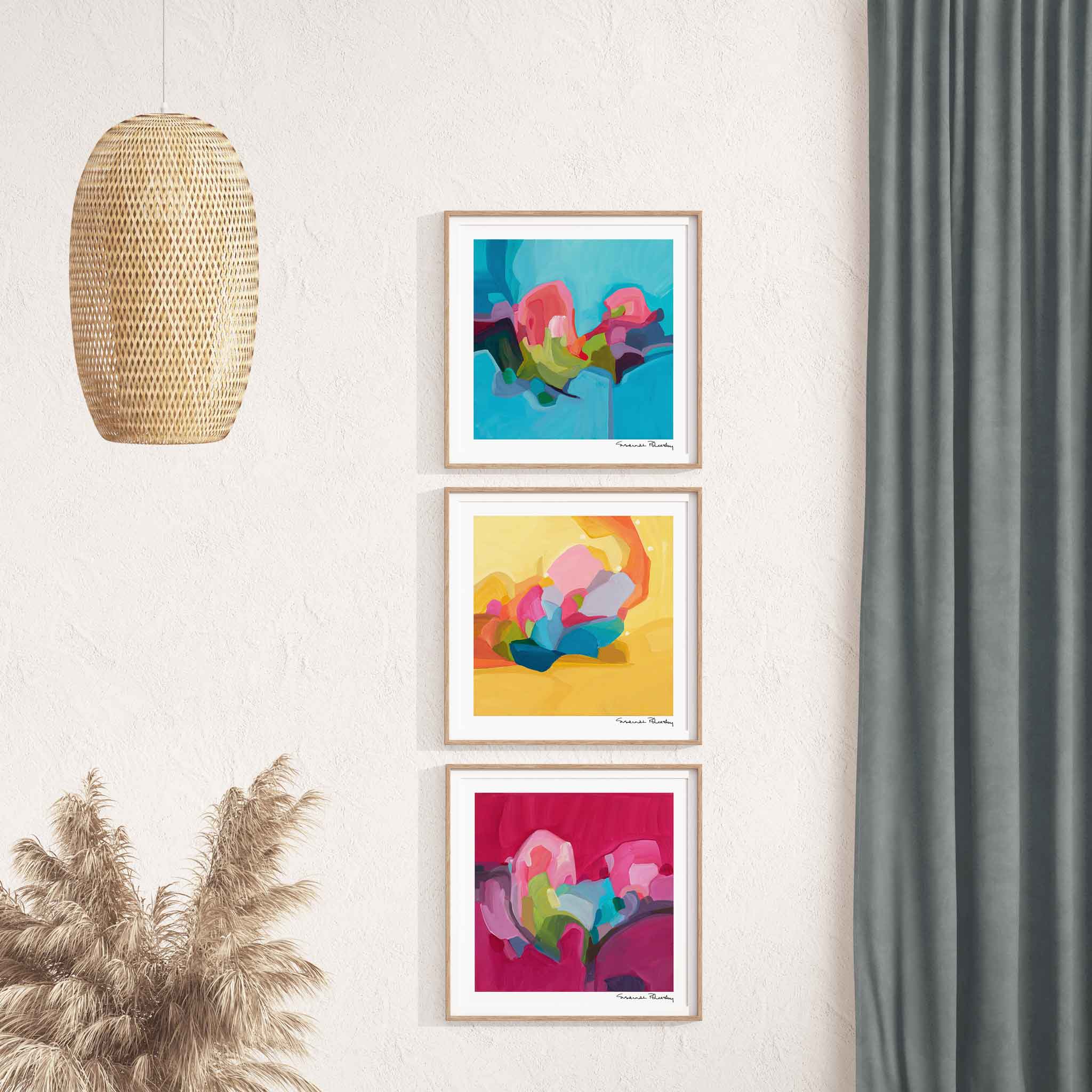 Three colorful abstract art prints by Canadian abstract artist Susannah Bleasby