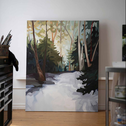 Forest landscape painting 'Rockwood' in studio by Canadian artist Susannah Bleasby