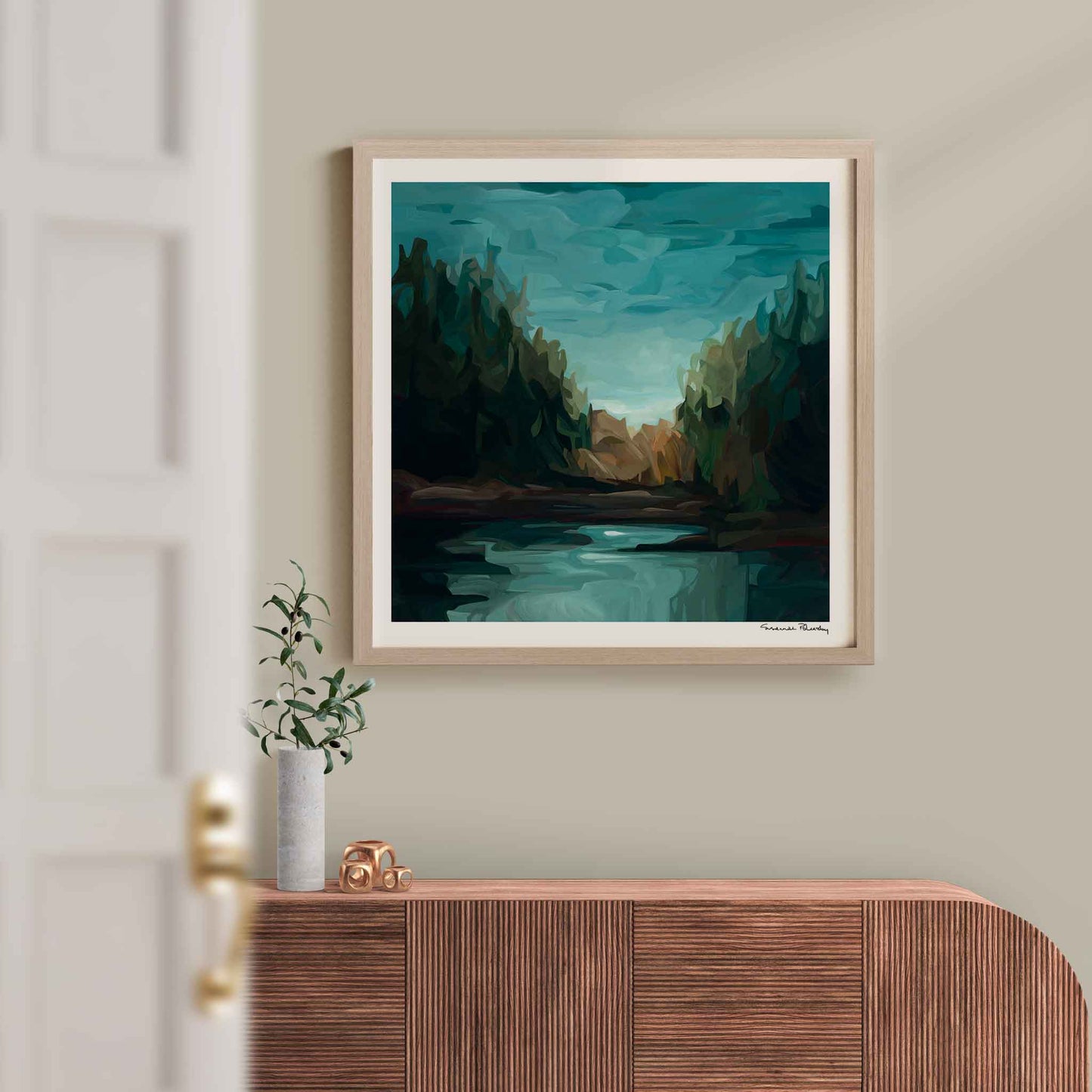 Large abstract forest landscape art print called 'Dewpoint' from a collection of acrylic landscape paintings by Canadian artist Susannah Bleasby