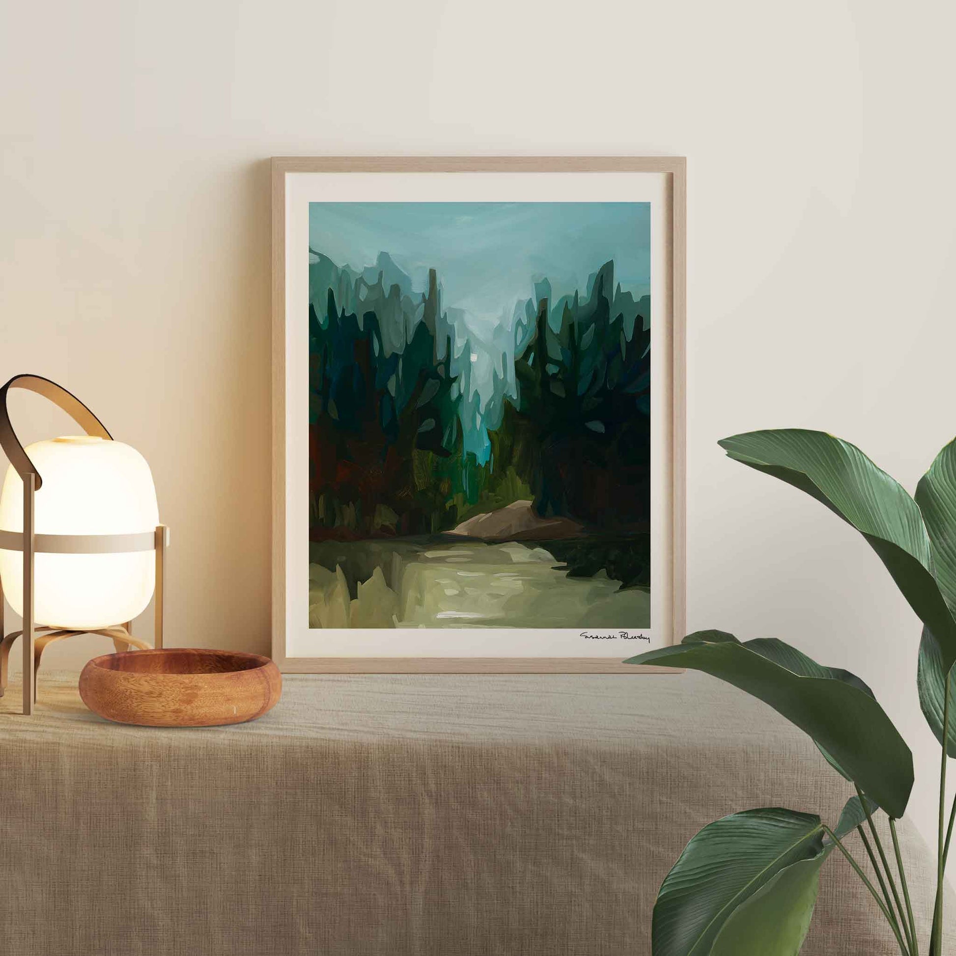 â€˜Pinecrestâ€™ is an abstract landscape art print of a forest painting reflecting the soothing effect of moonlight on dark trees.