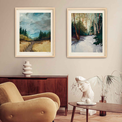 pair of vertical art prints with contrasting summer and winter scenes