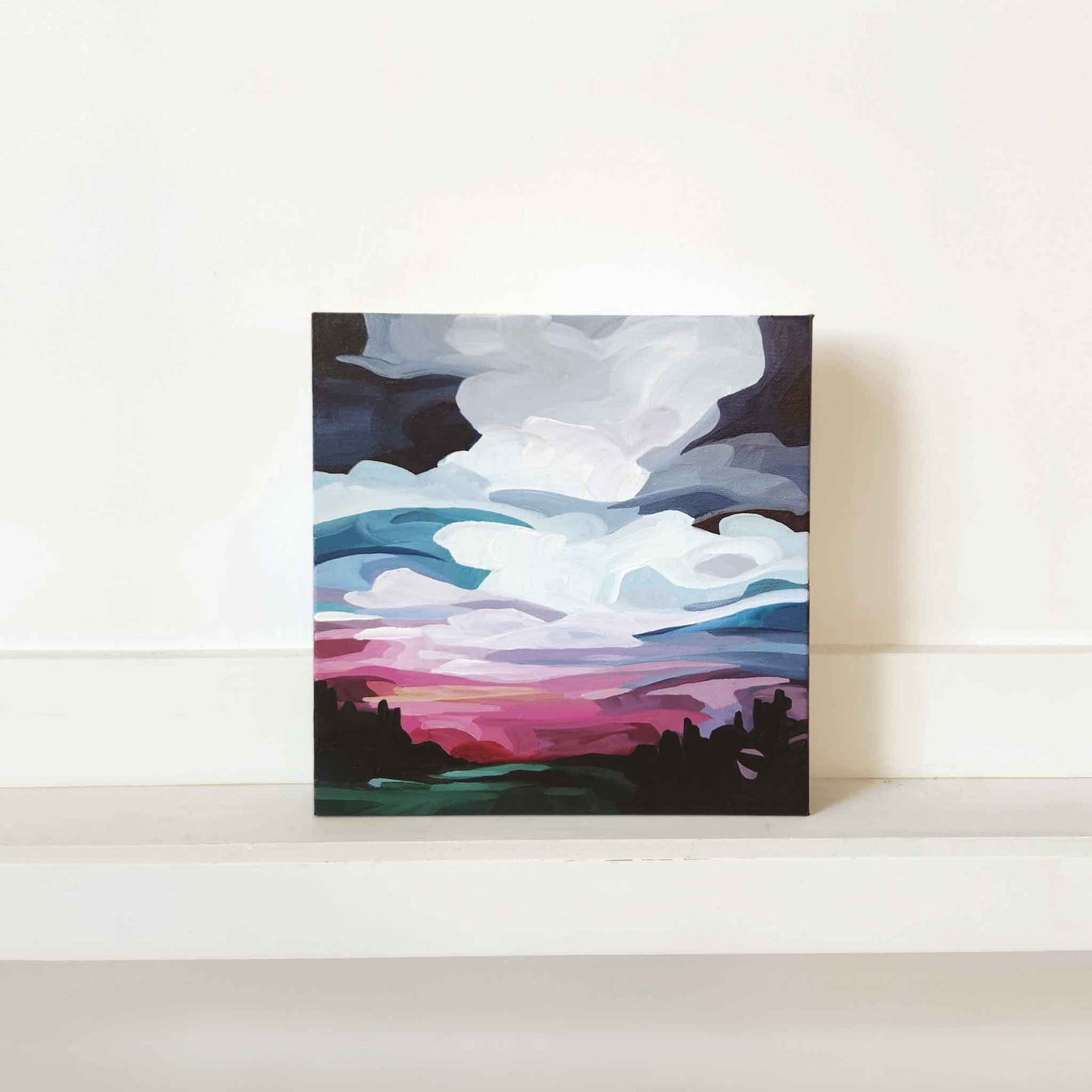 abstract landscape painting under a dramatic night sky with the remants of a sunset on the horizon
