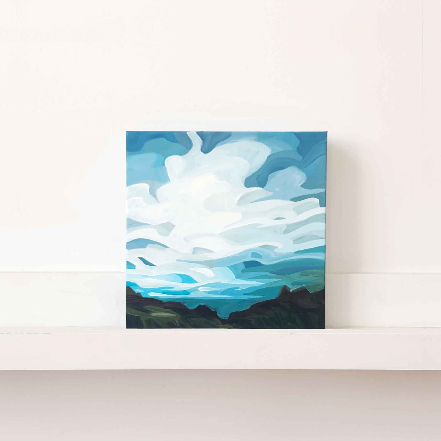 abstract landscape painting with abstract white clouds in a blue sky