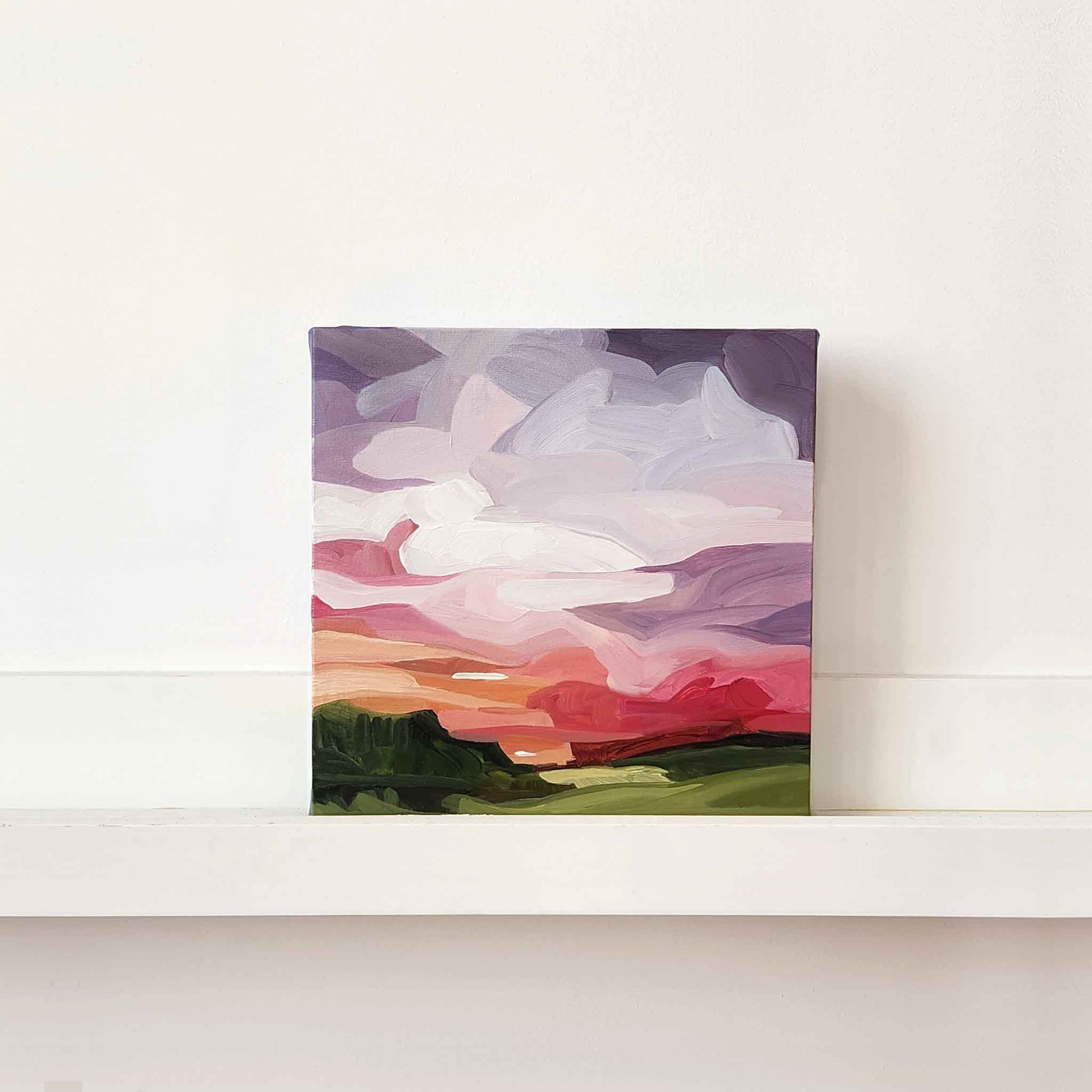 abstract landscape painting with a colourful sunset sky