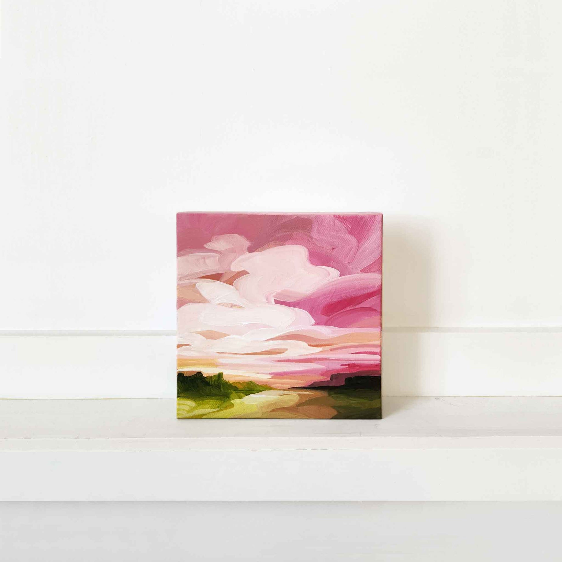 abstract landscape painting with bright pink and soft pink abstract sky
