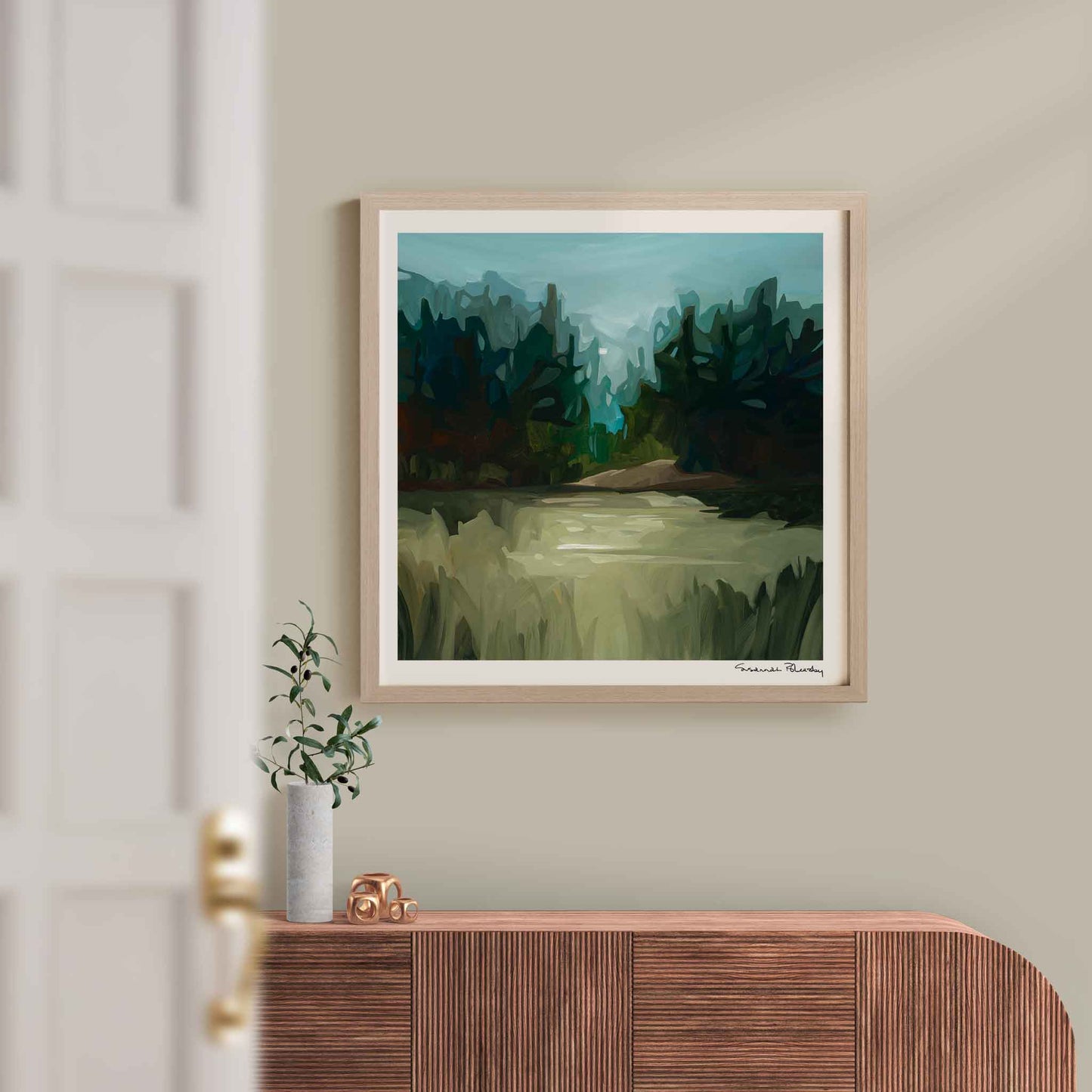 â€˜Pinecrestâ€™ is an abstract landscape art print of a forest painting with the mystery and magic of moonlight on the dark trees.