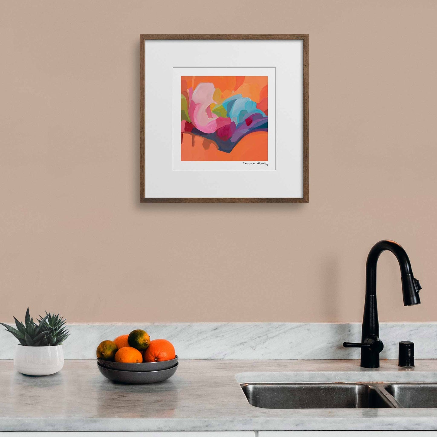 small abstract orange artwork for kitchen