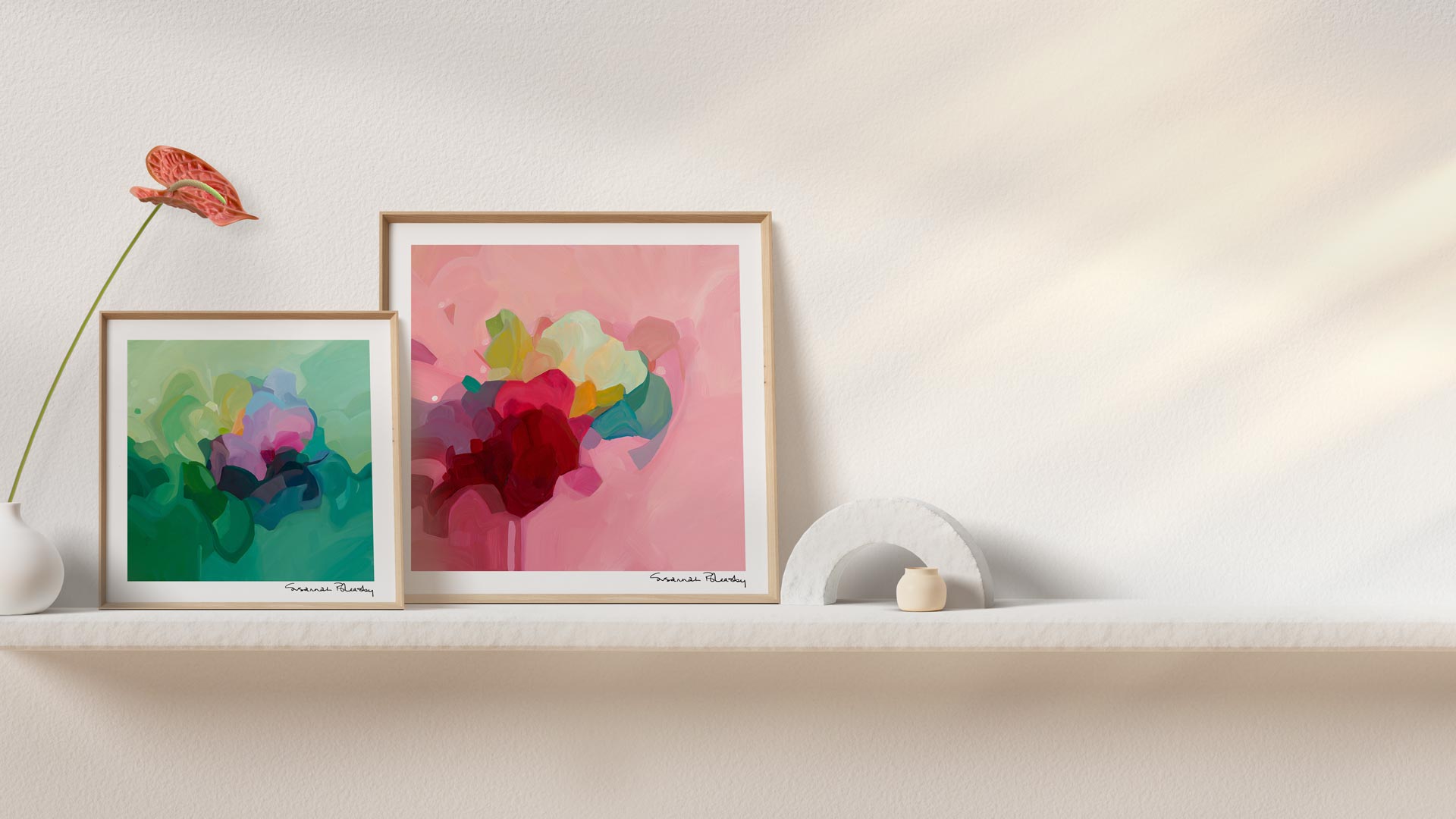 Colourful abstract fine art prints in jade green and dustry rose