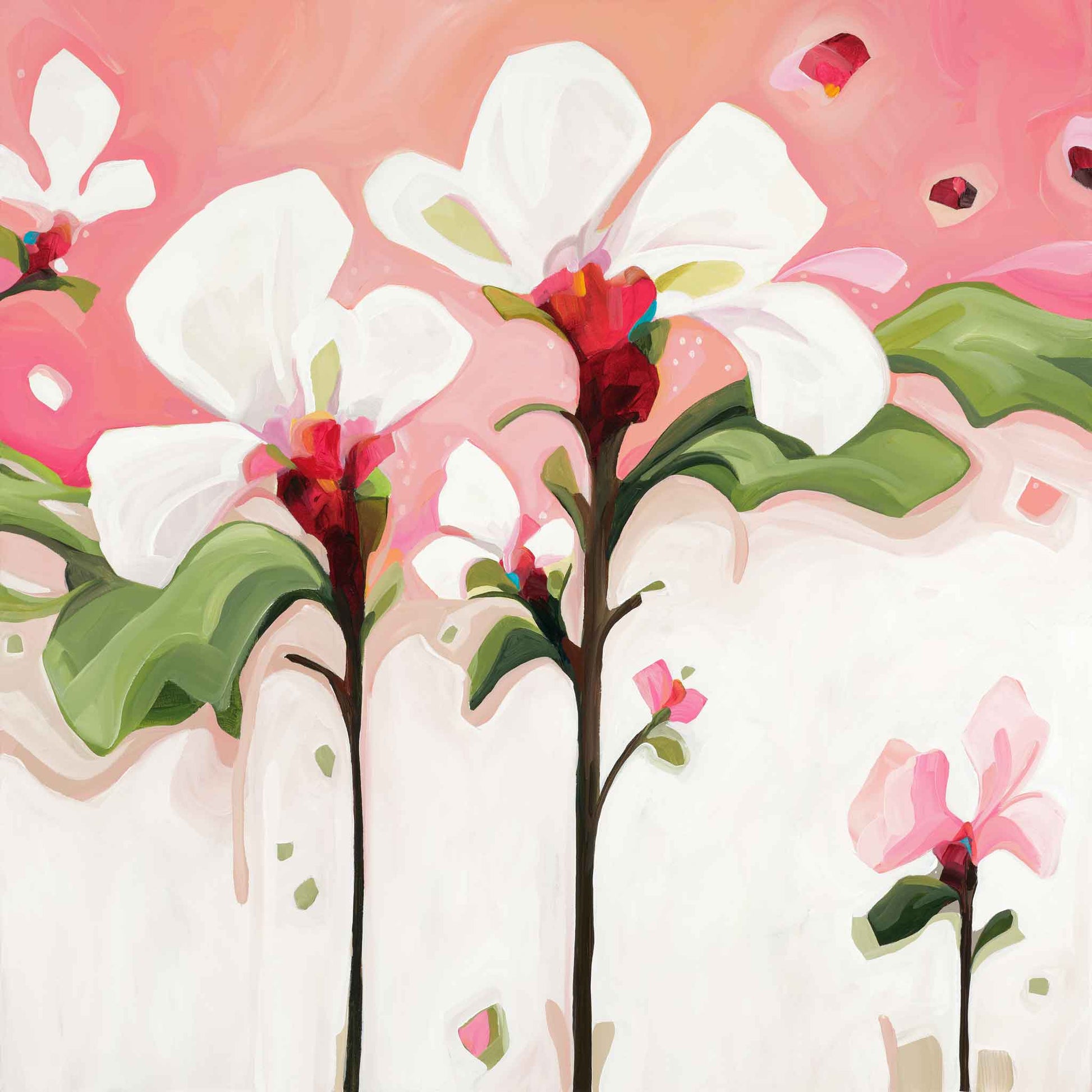 acrylic flower painting with white flowers on pink peach background