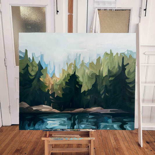 ‘Lake of the Woods’ is an acrylic landscape painting that captures the beauty and tranquility of a quiet lake in the forest 