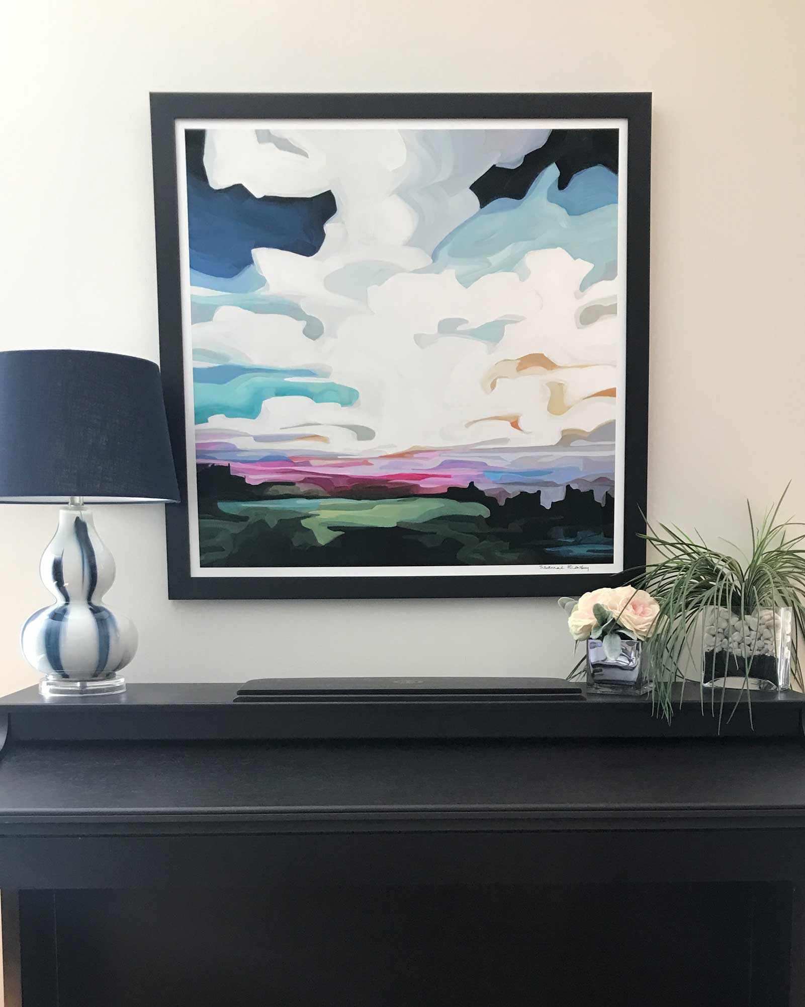 evening sky painting abstract skies art print  hanging over piano