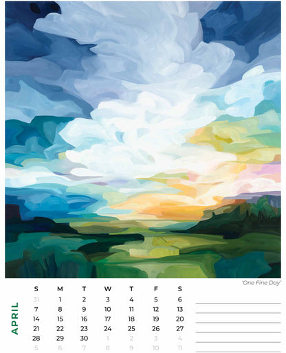 april 2024 month calendar with a sunrise painting by Canadian artist Susannah Bleasby