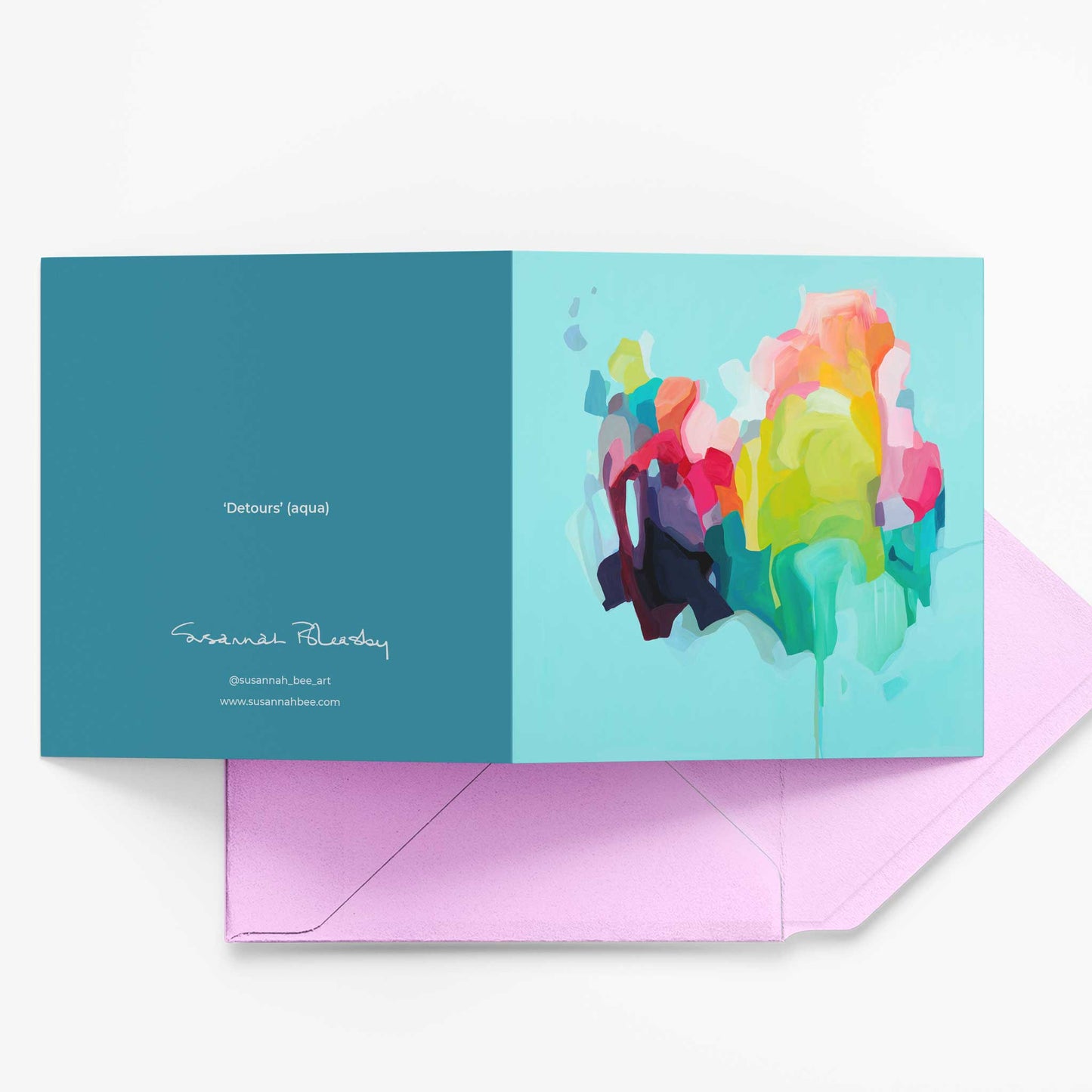 aqua abstract greeting card uk with soft pink envelope