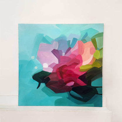 turquoise and pink abstract painting lilnger