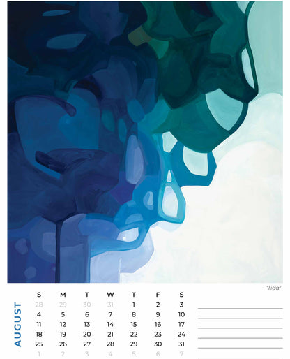 August 2024 calendar month image is a birght blue abstract painting by Susannah Bleasby