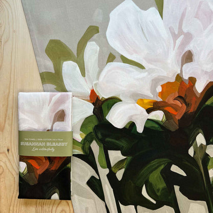 beige floral cotton tea towel