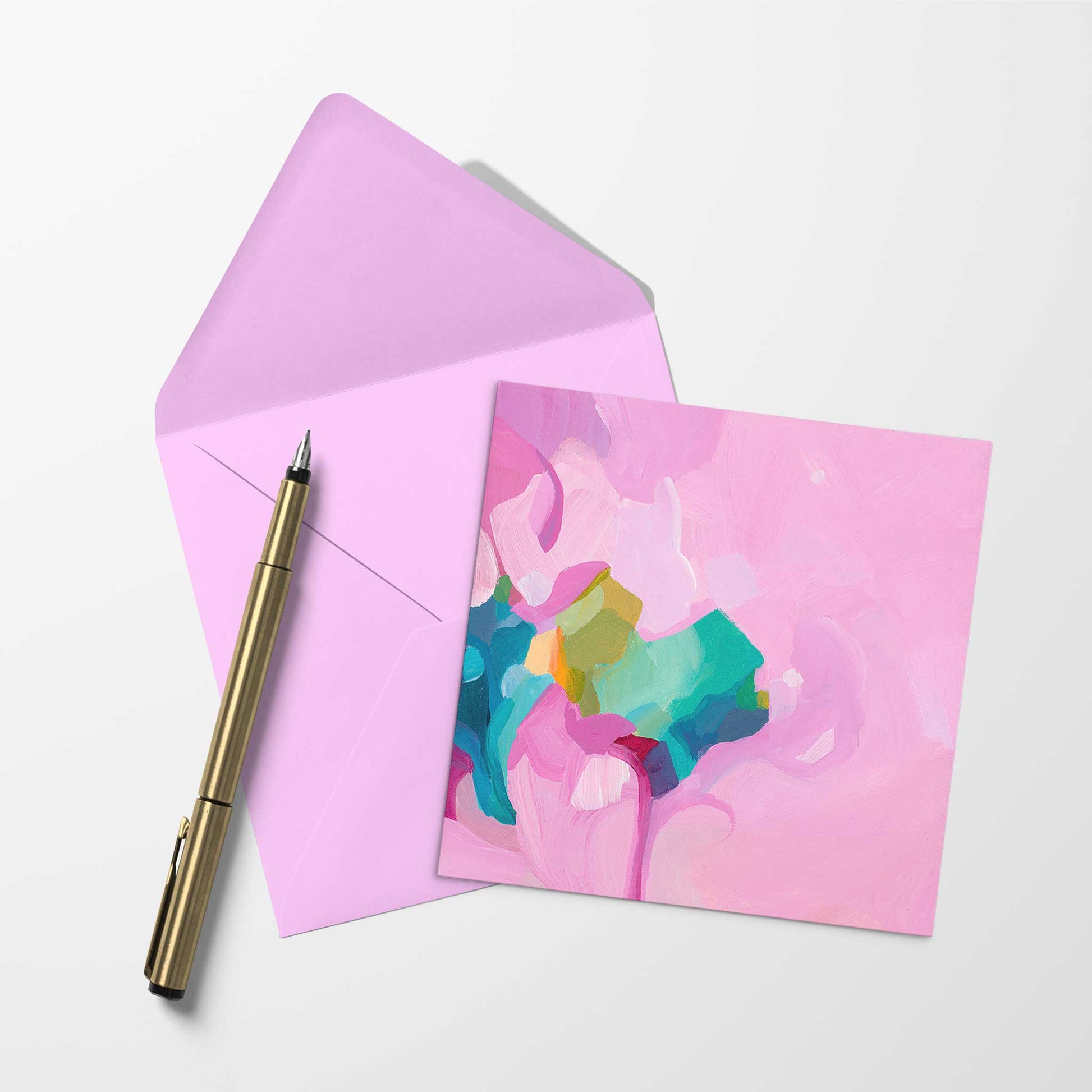 blank art card with amaranth pink abstract artwork and pink envelope