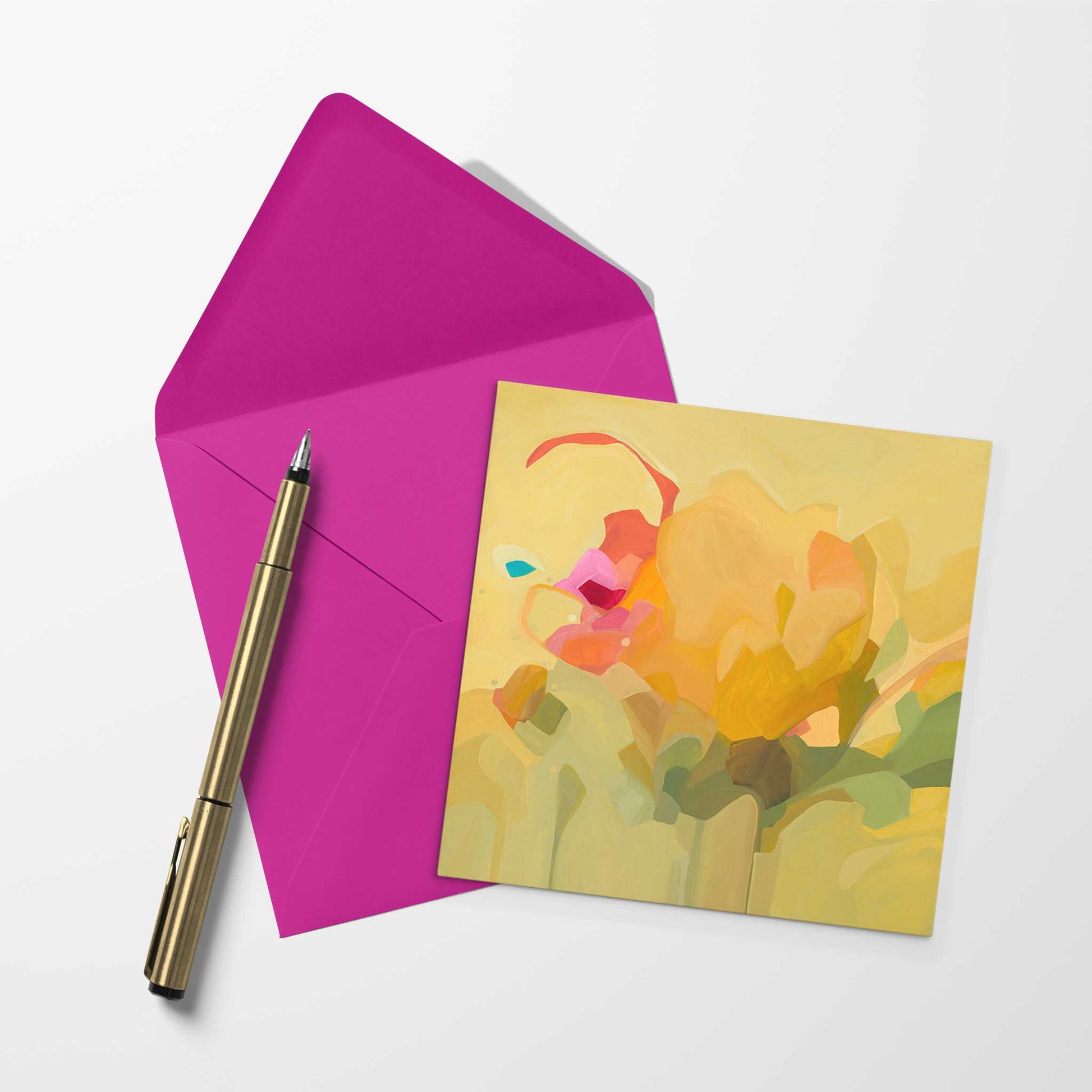 blank art card with lemon yellow abstract artwork and hot pink envelope