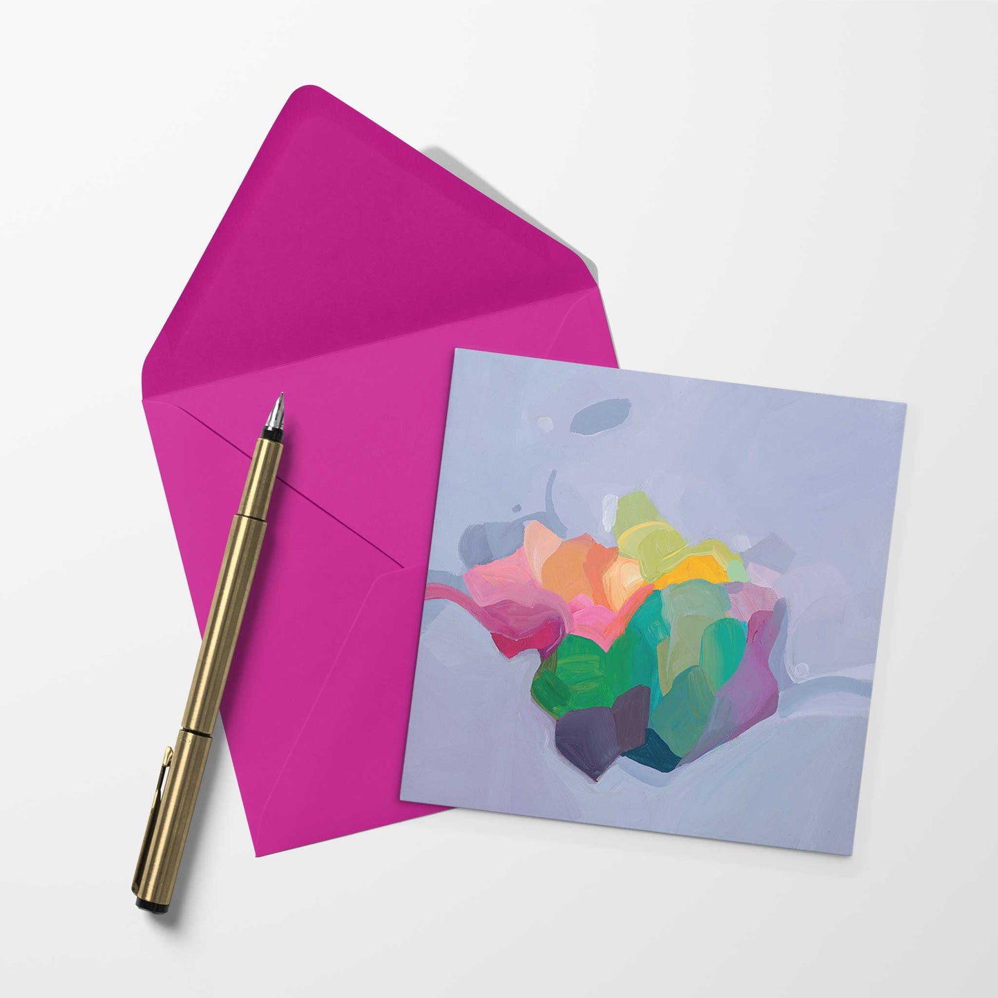 blank art card with lilac abstract artwork and fuschia envelope