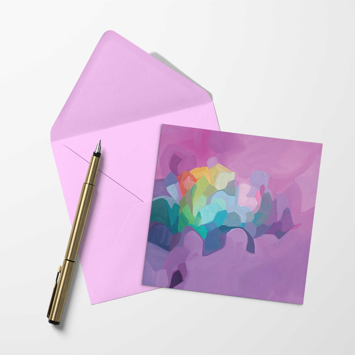 blank art card with mauve abstract artwork and pink envelope