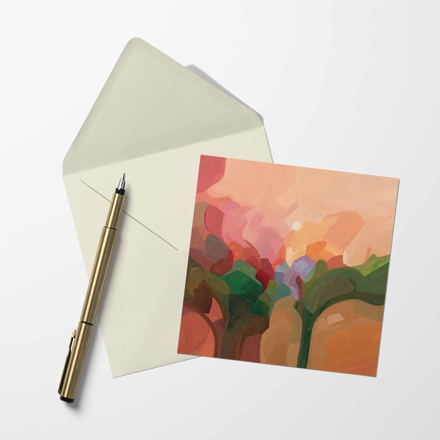 blank art card with peach abstract artwork and cream envelope