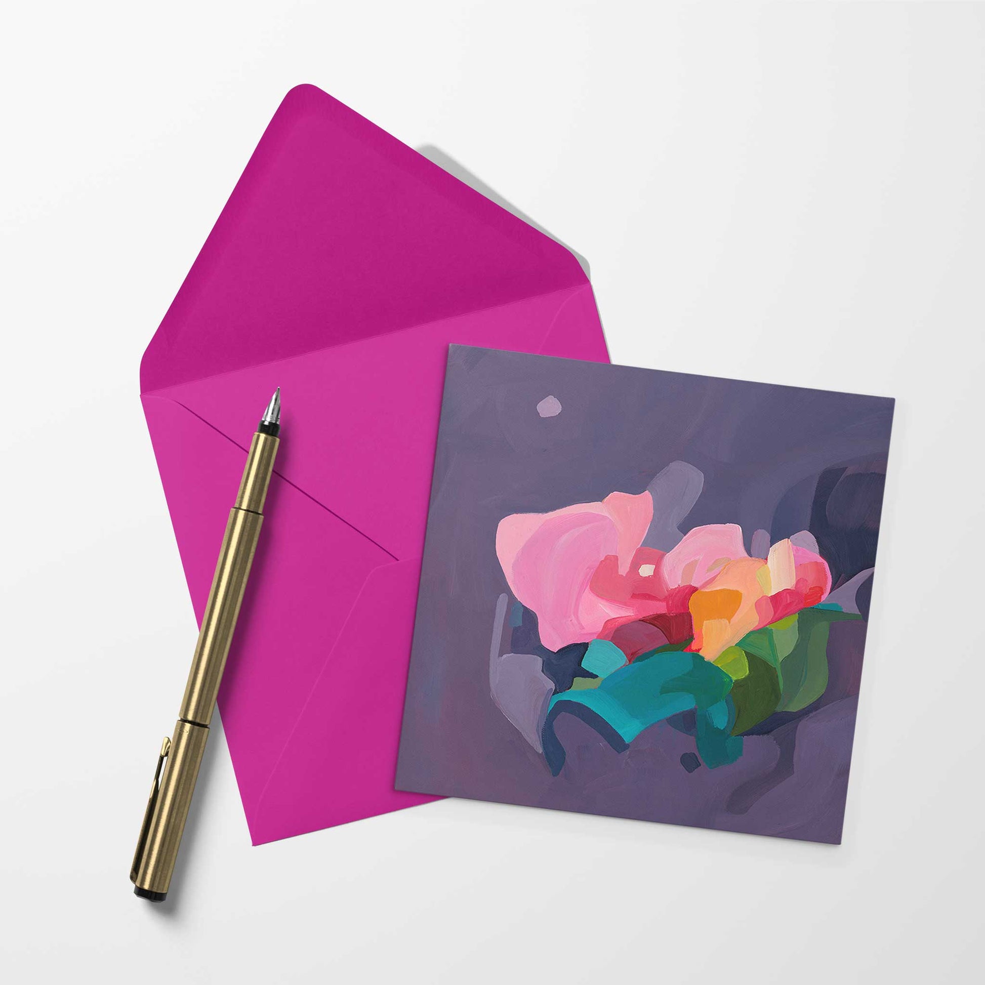 blank art card with purple abstract artwork and fuschia envelope