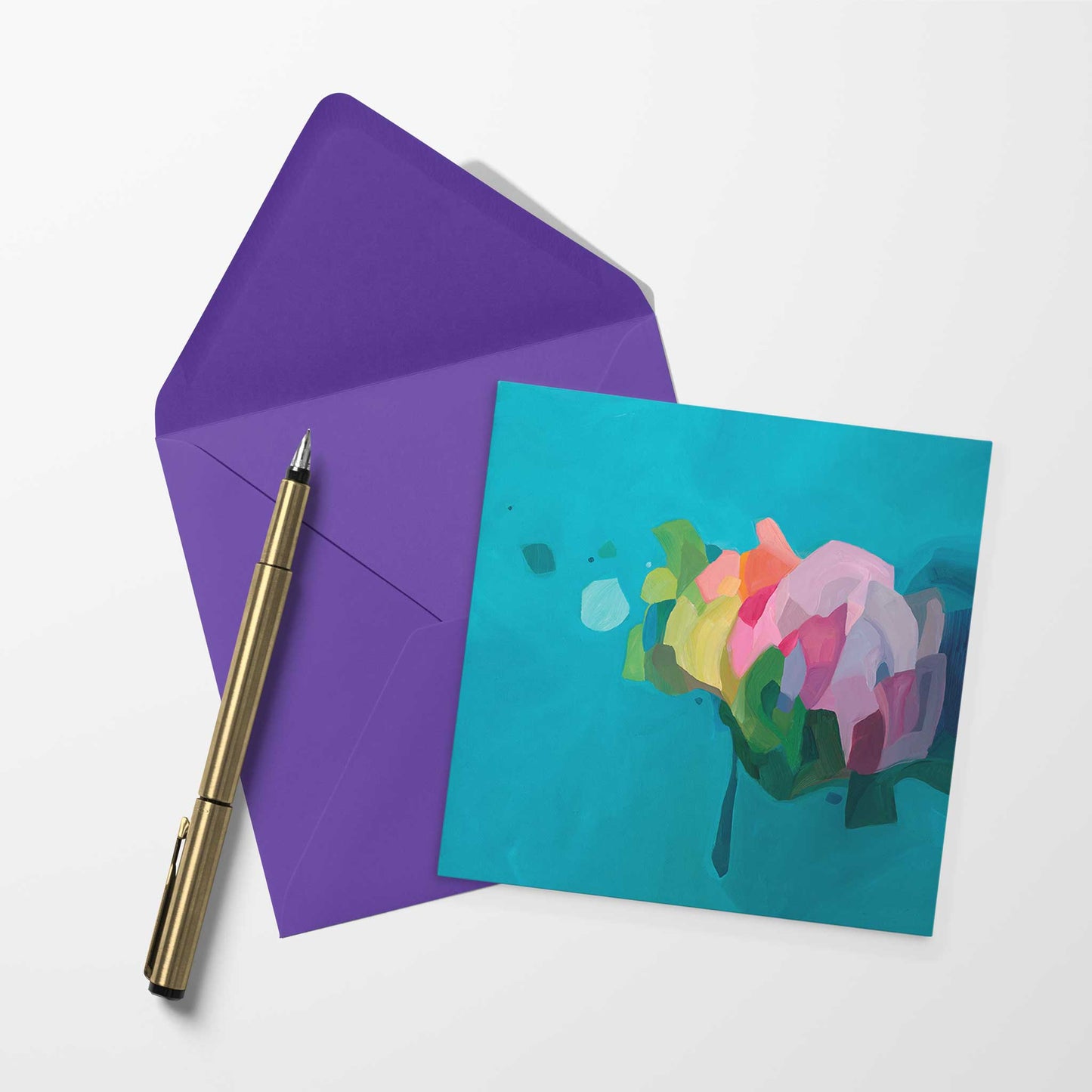 artist greeting card with turquoise abstract artwork and contrasting purple envelope