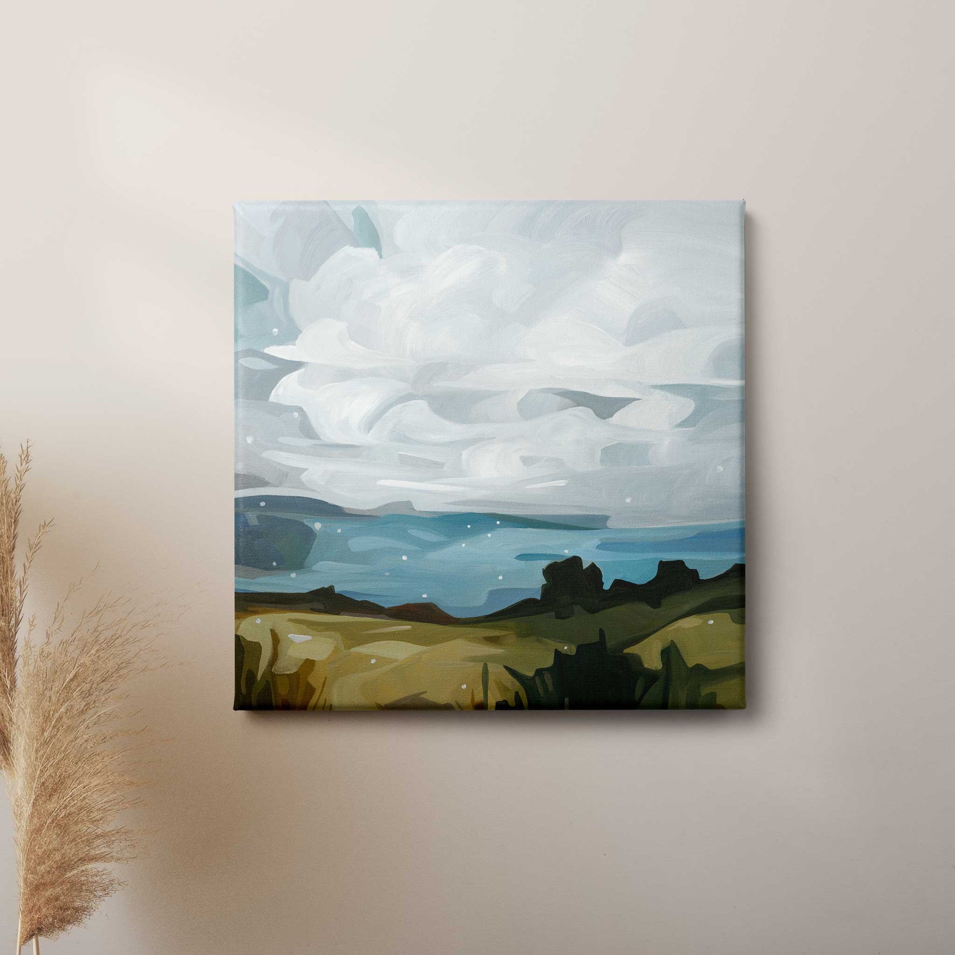 canvas art print of an abstract landscape painting with first snowflakes by Canadian artist Susannah Bleasby