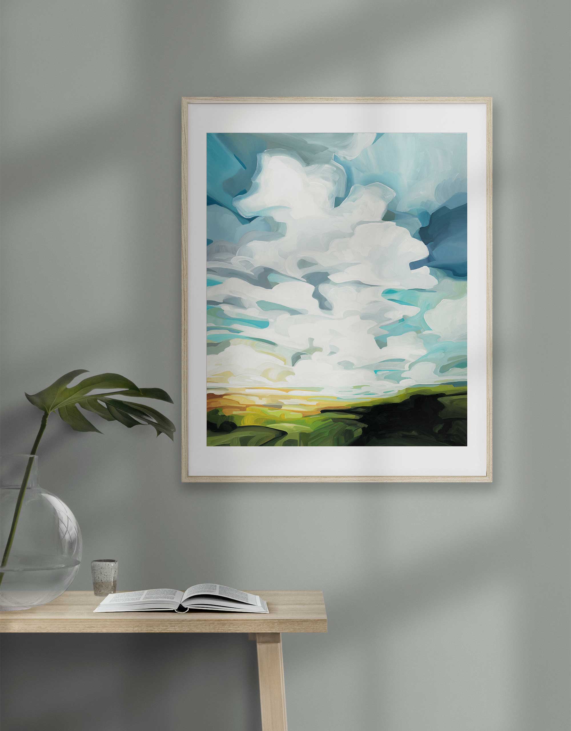 Day Trippin a colourful abstract landscape and dynamic sky limited edition fine art print from artist Susannah Bleasby hanging framed