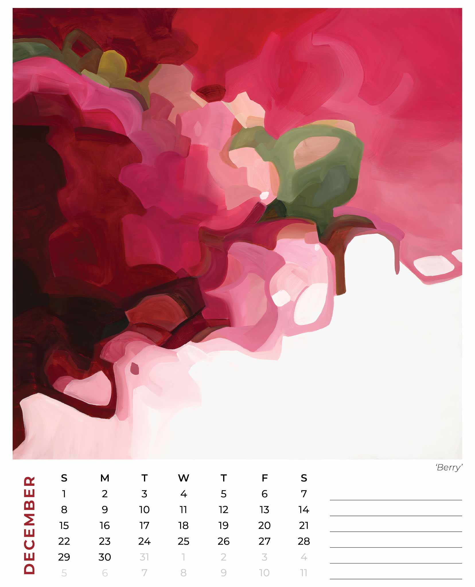 december 2024 wall calendar month is bright red abstract artwork from canadian artist Susannah Bleasby