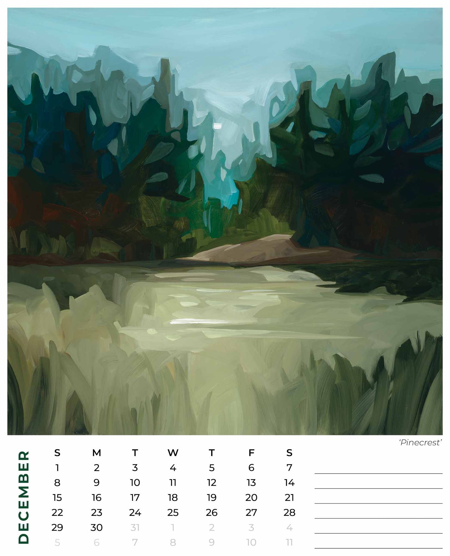december 2024 month calendar from a pine forest painting by Canadian artist Susannah Bleasby