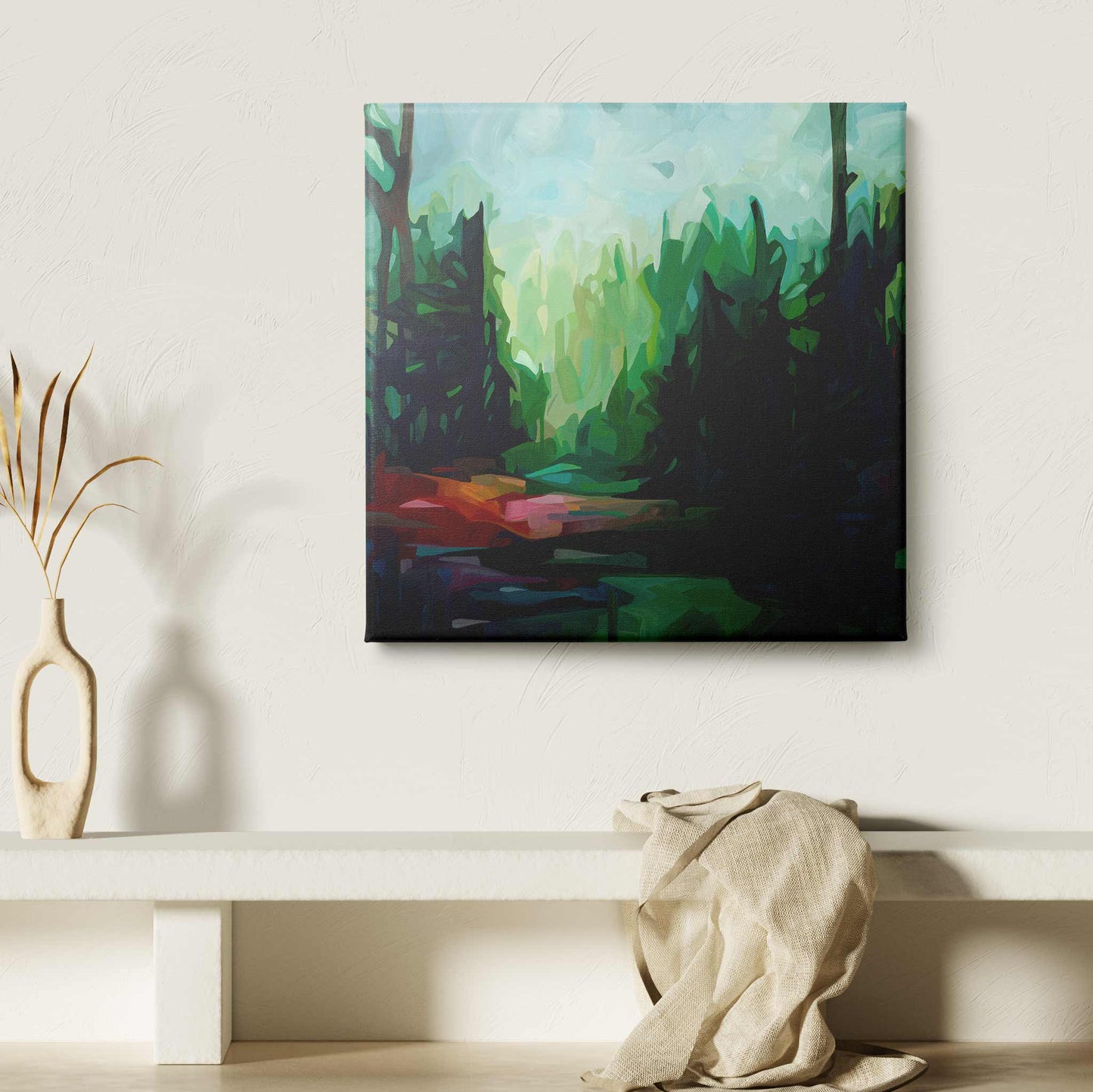 Canvas art print of a deep green forest painting by Canadian abstract artist Susannah Bleasby