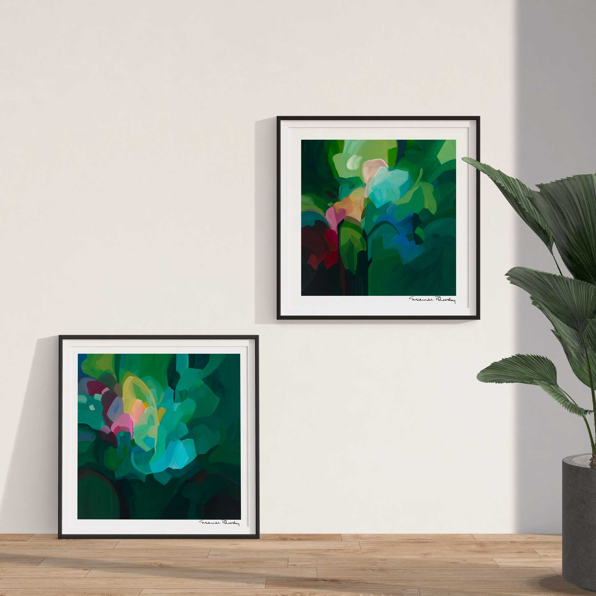 A pair of emerald green abstract art prints by Canadian abstract artist Susannah Bleasby