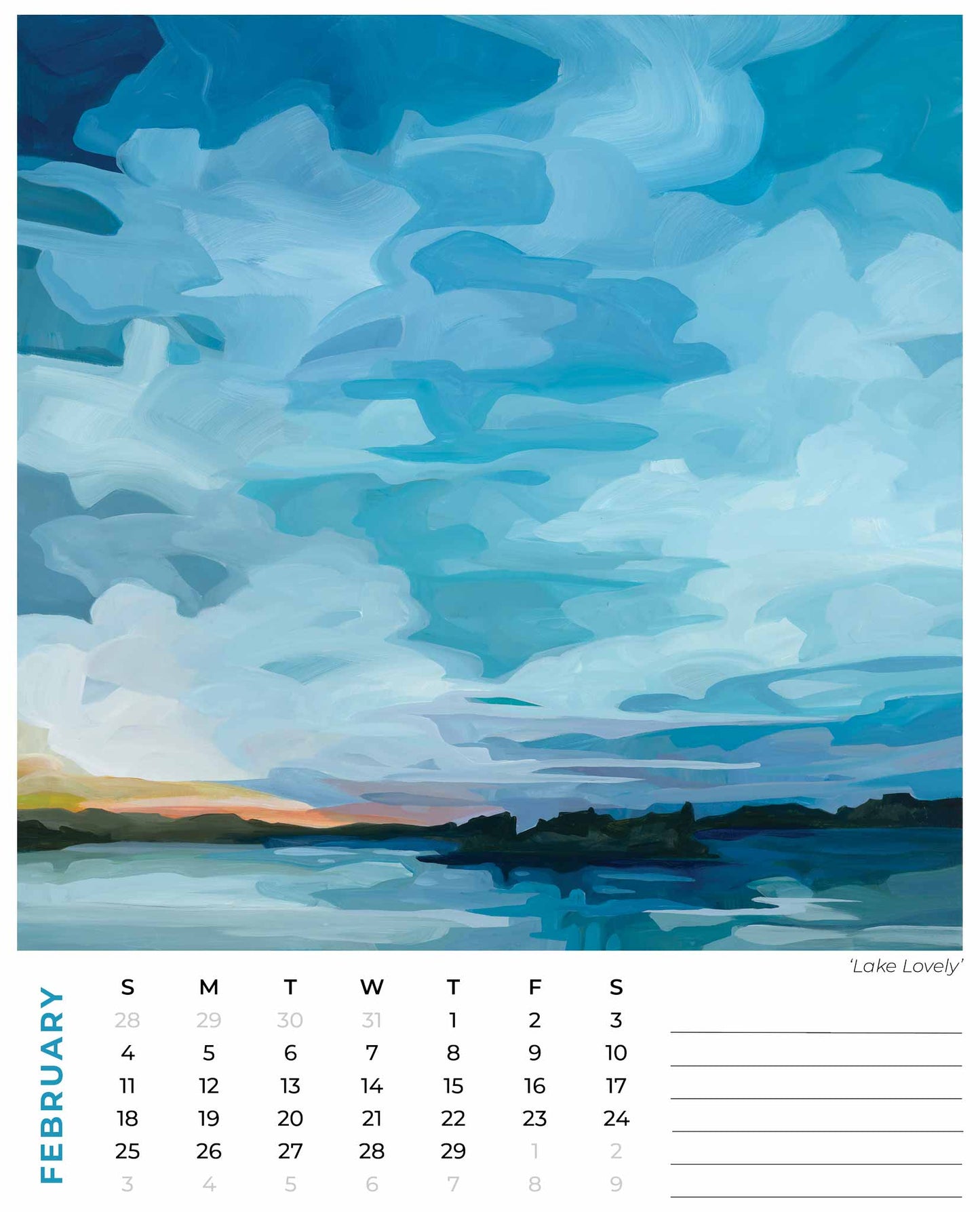 february 2024 month calendar from the yearly wall calendar by Canadian artist Susannah Bleasby