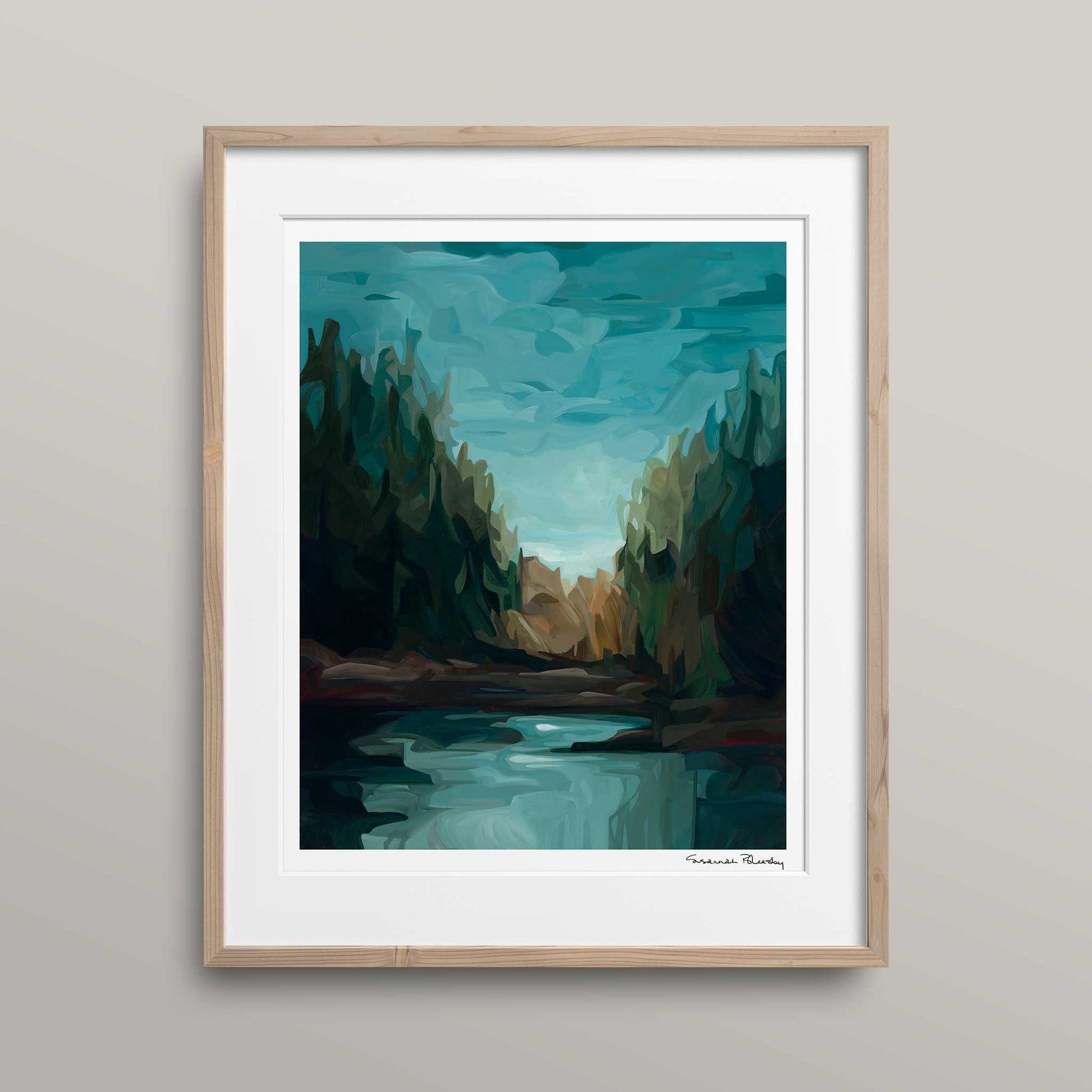 A 16x20 art print created from 'Dewpoint' an abstract forest landscape painting by Canadian artist Susannah Bleasby