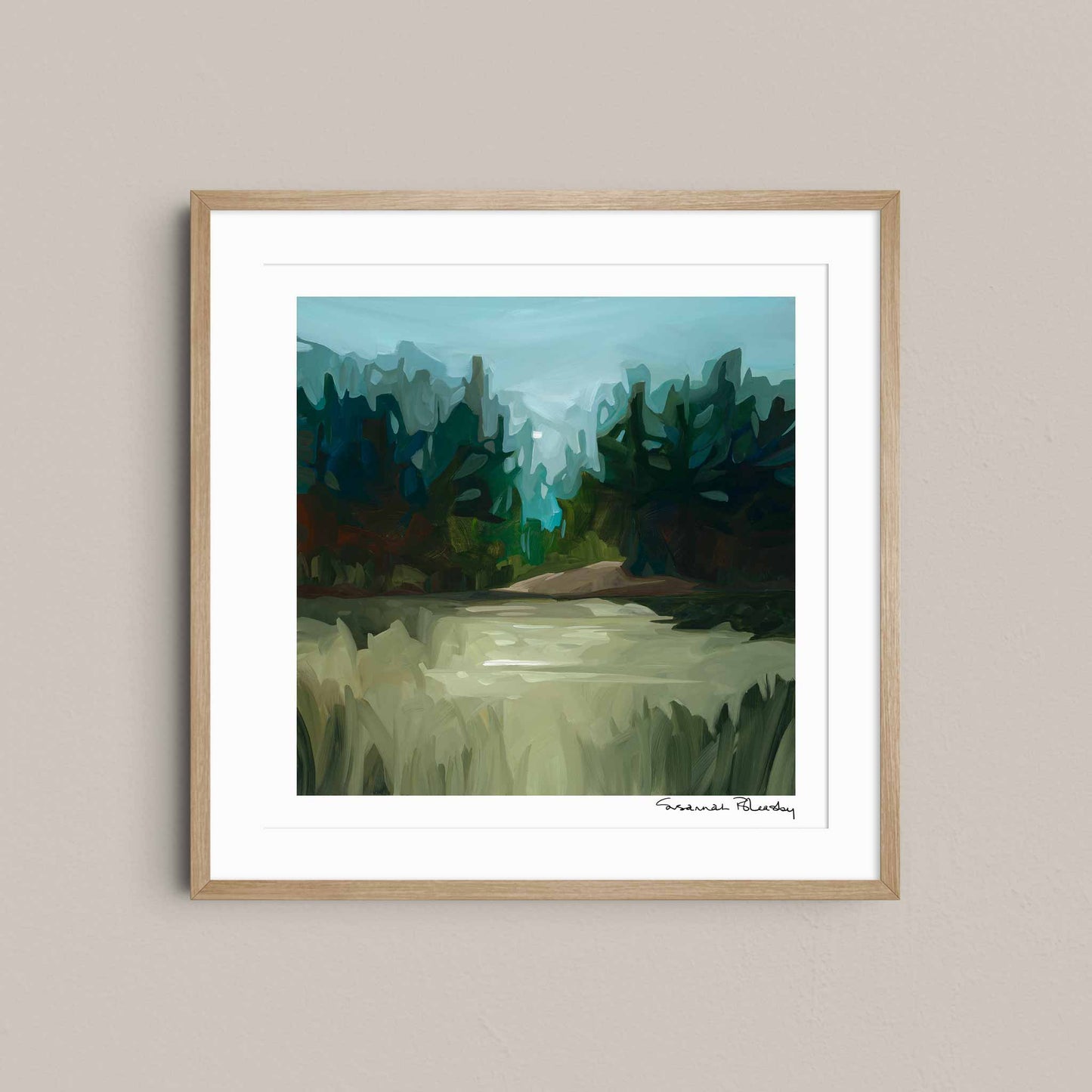 Experience the tranquil energy of nature with â€˜Pinecrestâ€™, an abstract landscape art print of an acrylic forest painting.