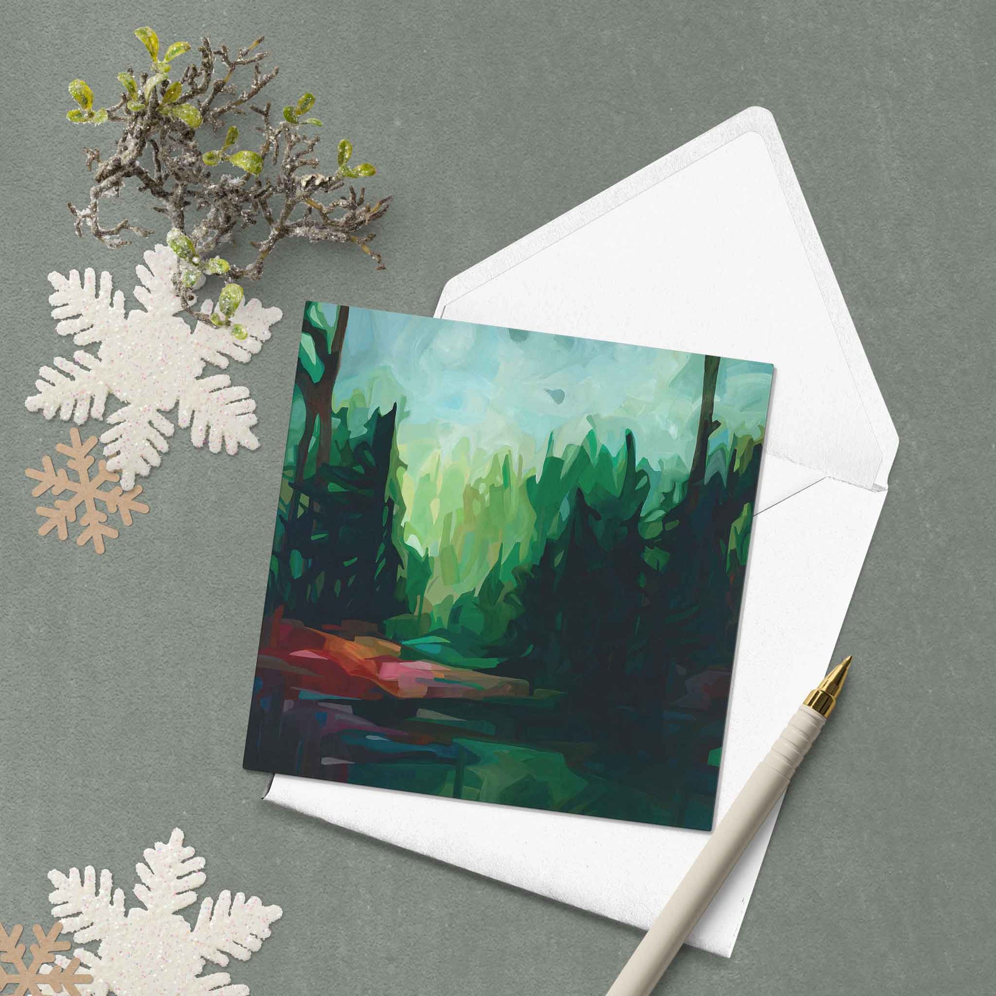 Abstract forest painting art card with snowflakes
