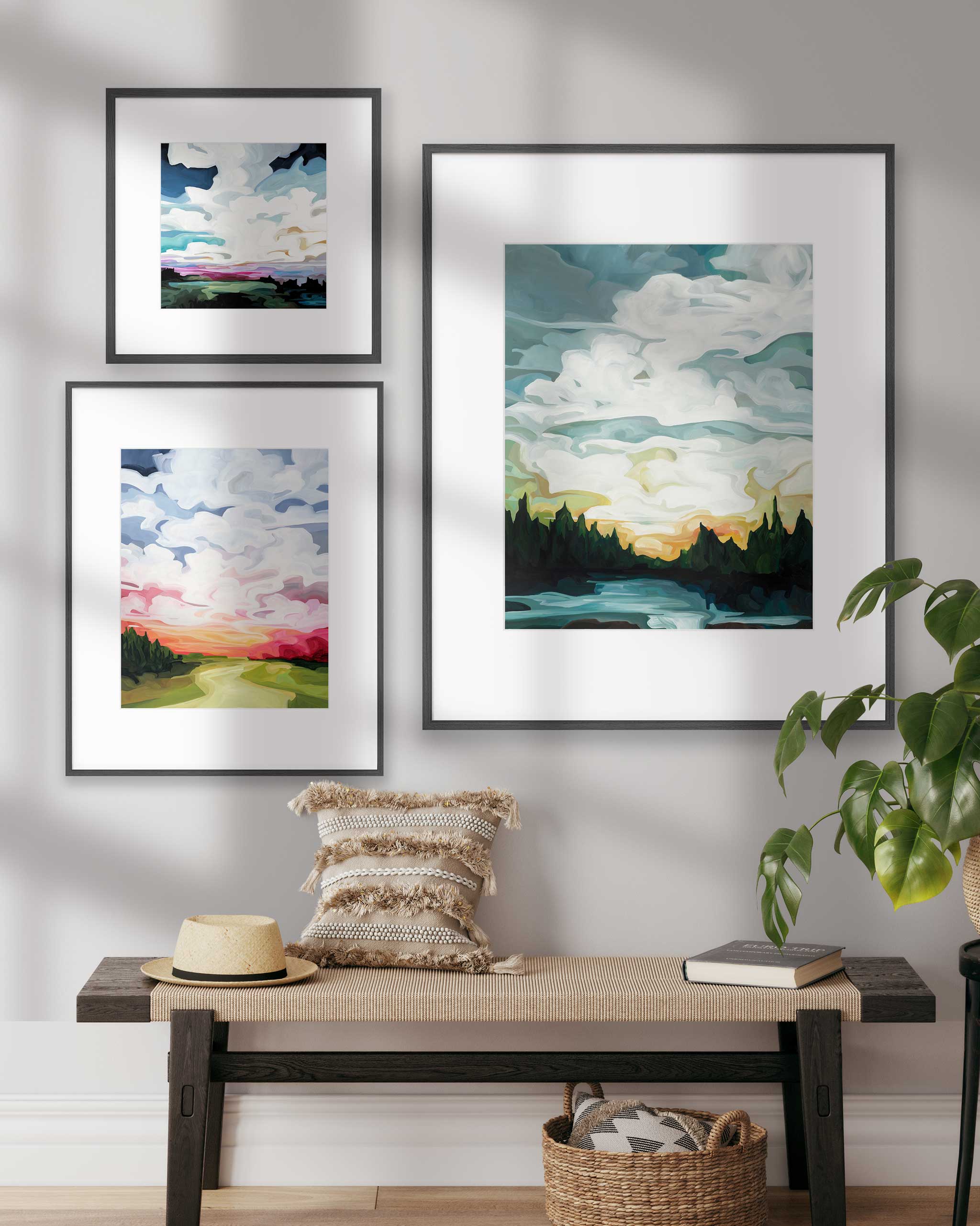 Gallery wall of framed fine art prints from the Forever Skies collection by Canadian artist Susannah Bleasby