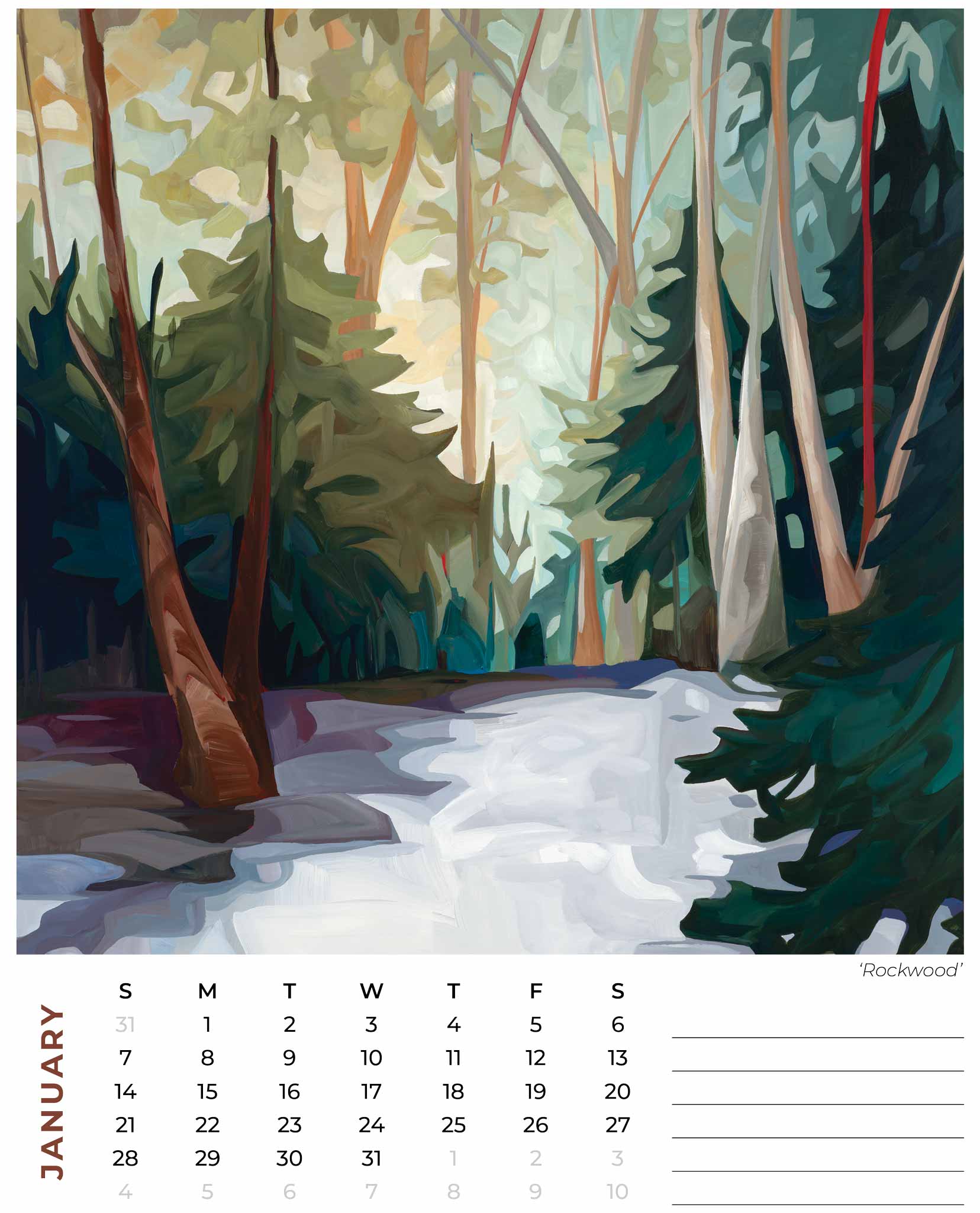 january 2024 month calendar from Canadian artist Susannah Bleasby
