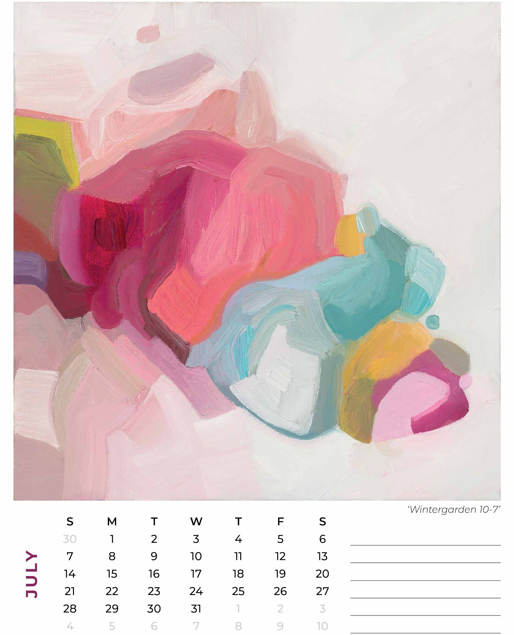July 2024 calendar month with abstract oil painting by Canadian abstract artist Susannah Bleasby