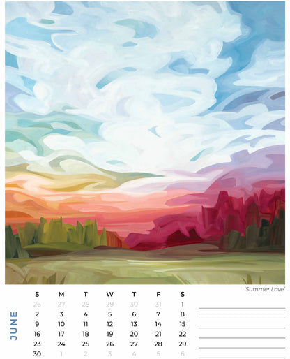 june 2024 month calendar with a vivid sunrise painting by Canadian artist Susannah Bleasby