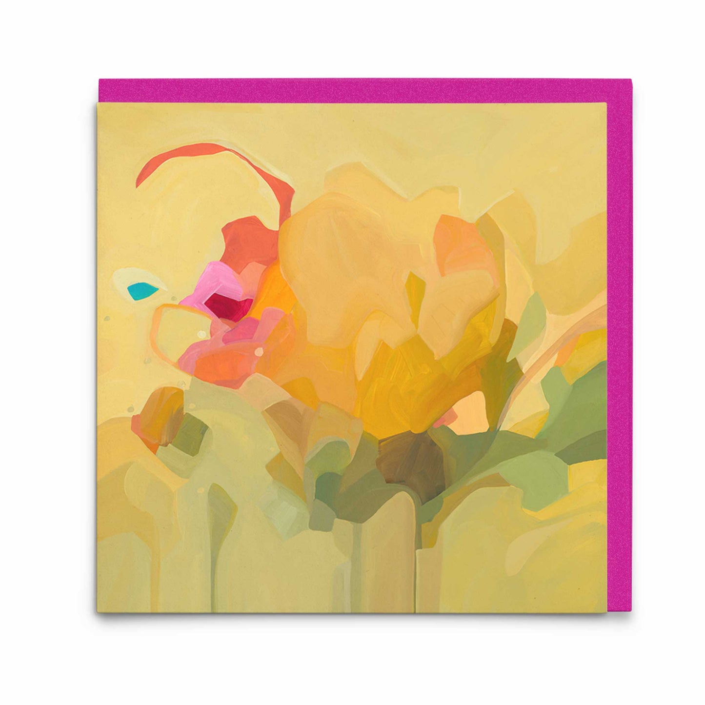 lemon yellow abstract art greeting card with hot pink envelope