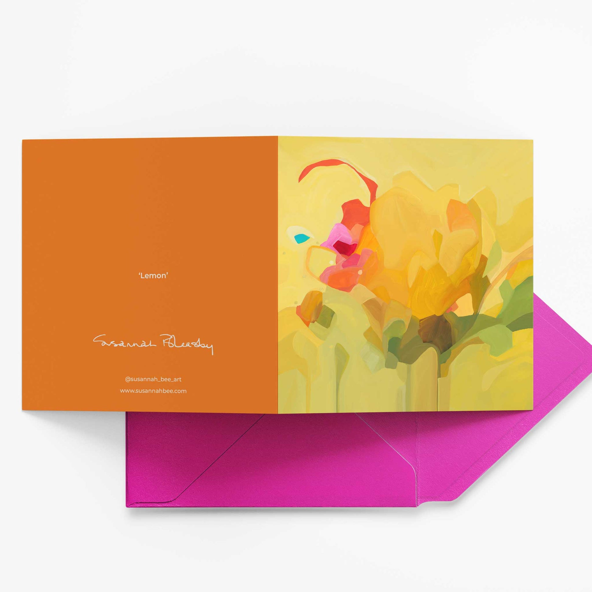 yellow abstract greeting card UK with fuschia envelope