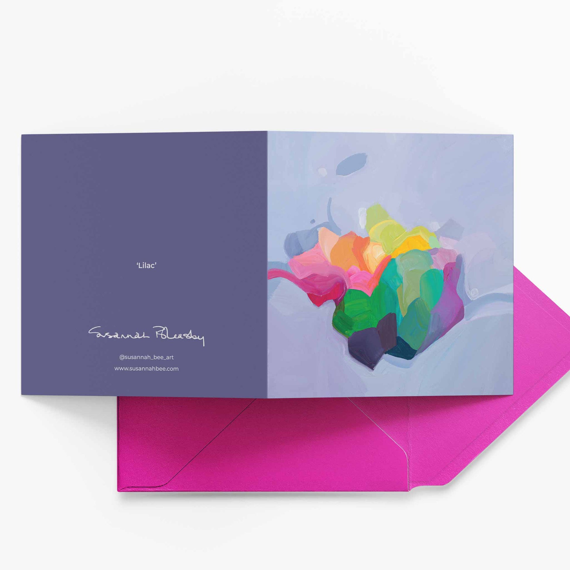 mauve lilac abstract greeting card UK with fuschia envelope
