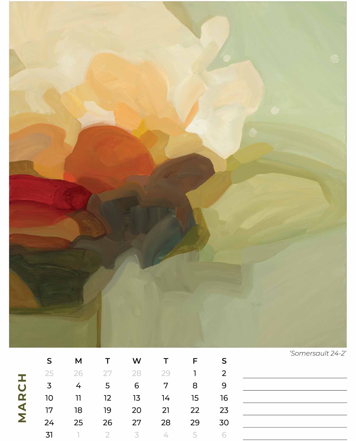 sage green abstract painting for march 2024 calendar month from art calendar by Susannah Bleasby